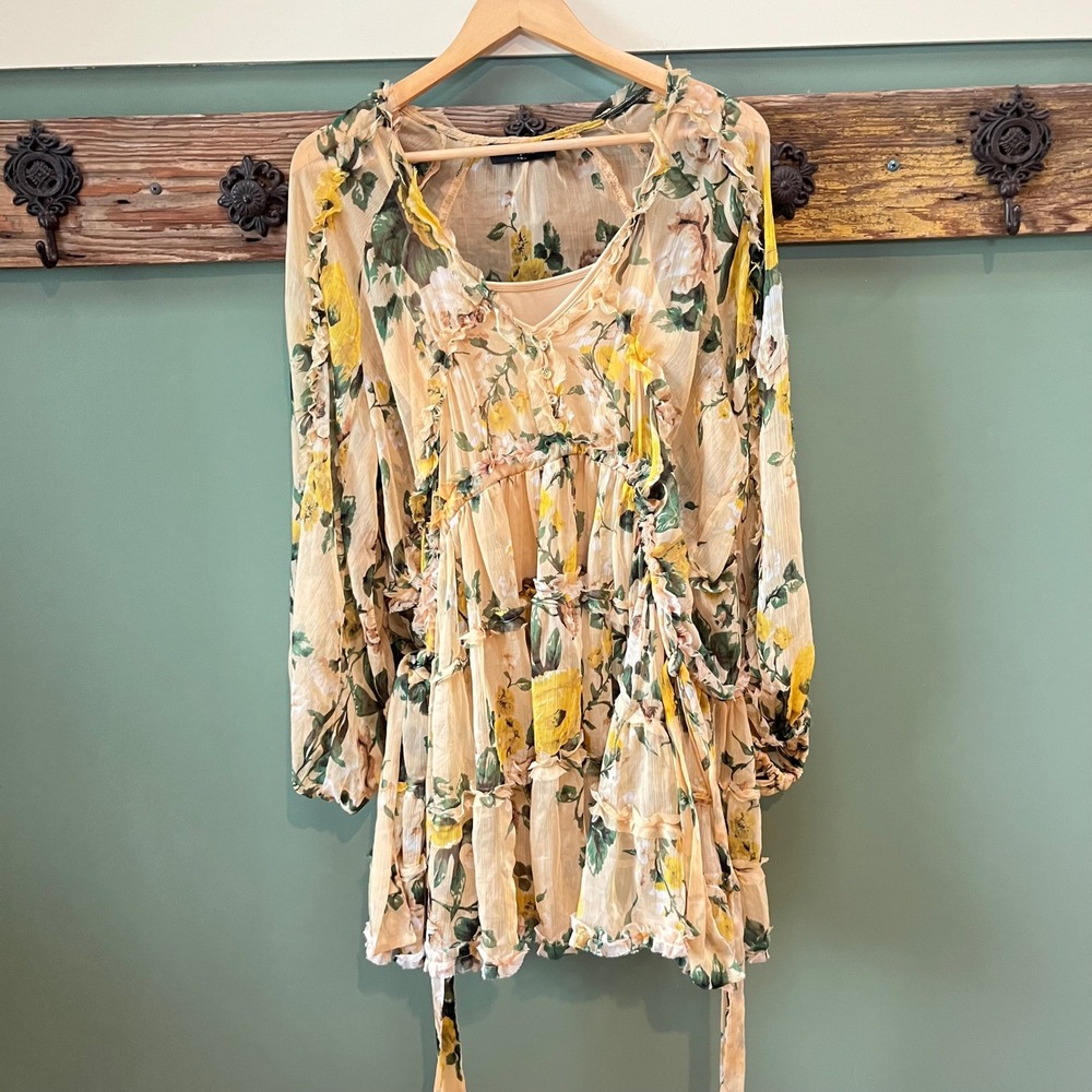 OPT Angelique Babydoll Chiffon Raglan Sleeve Floral Swing Dress Sz S Feminine